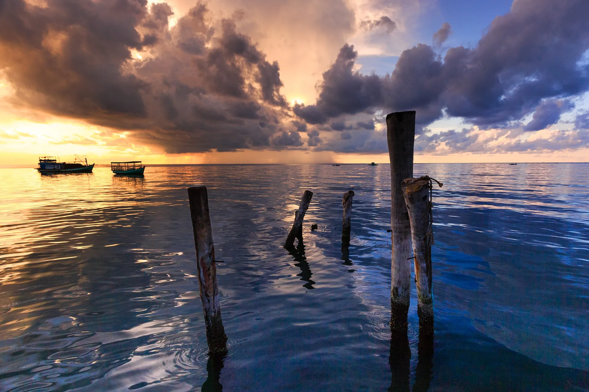 Broken pier during a sunset in phu quoc