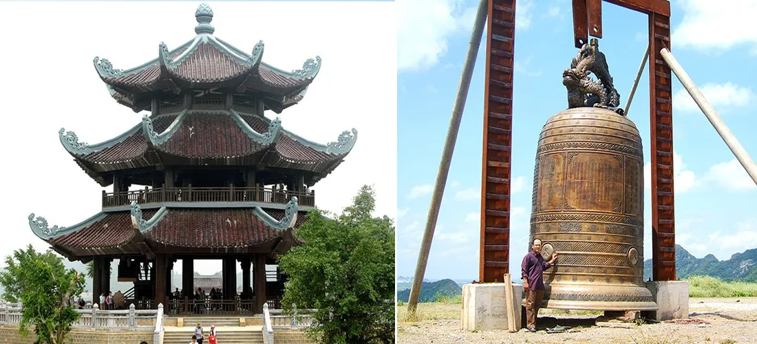 On the right is the image of the temple bell and on the left is the bell tower of the Bai Dinh Ninh Binh pagoda