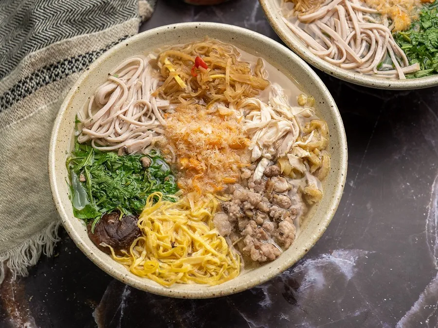The noodle dish has a clear, sweet broth
