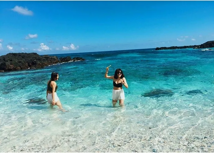 Swimming in the clear blue water