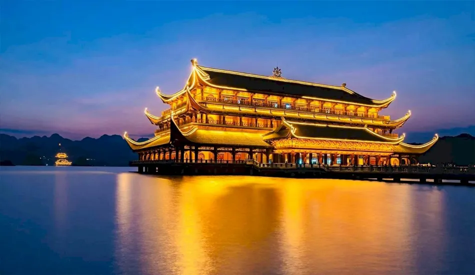 The beauty of Ninh Binh beach pagoda, Vietnam at night