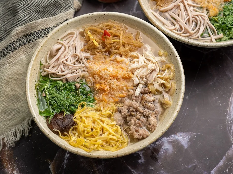 The noodle dish has a clear, sweet broth