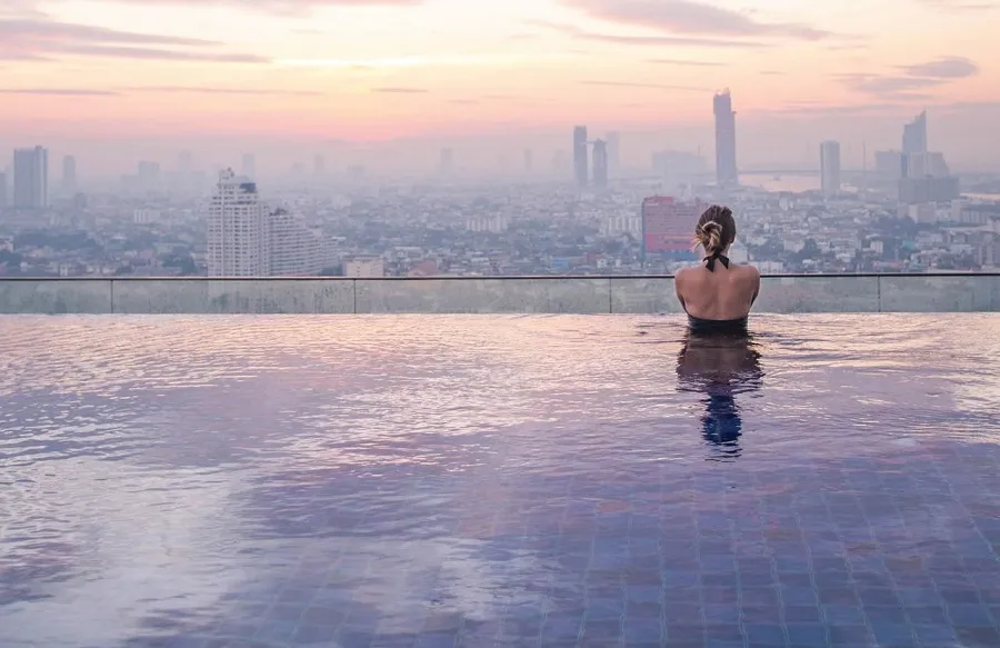 Landmark 81 swimming pool is picturesque in the sunset