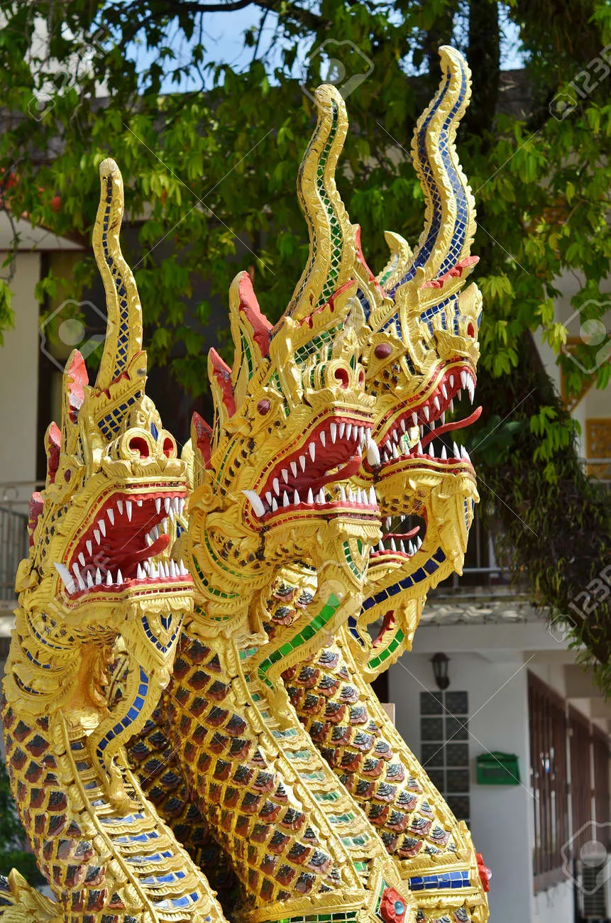 Gold Half Snake, Half-dragons Decorating Naga Staircase To Wat Wichit Sangkaram, Phuket, Thailand Stock Photo, Picture And Royalty Free Image. Image 53007581.